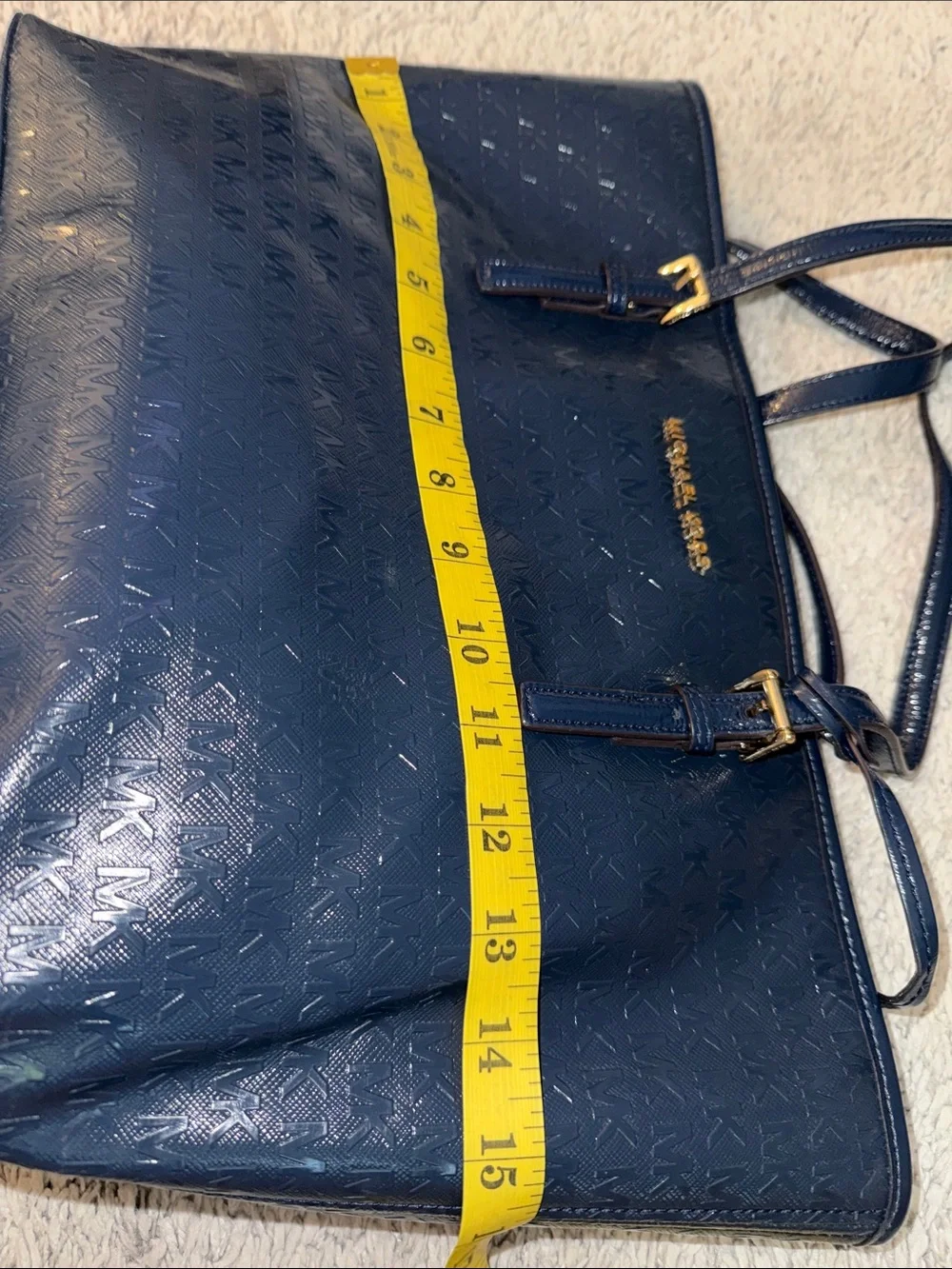 Michael Kors Navy Embossed MK jet set Tote luxury business casual cozy feminine